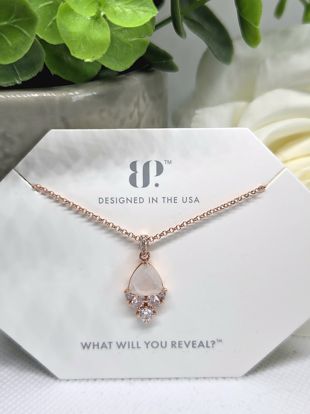 BP Rose Gold Necklace with White Agate Fused With Genuine Quartz